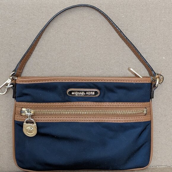 MICHAEL KORS Kempton Nylon Blue Brown Wristlet Pouch Wallet Small Purse . - Picture 1 of 12
